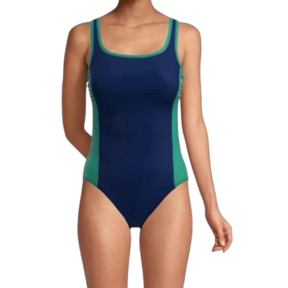 Lands' End‎ Fully Lined Scoop Neck One-Piece Swimsuit Navy/Green Athletic M